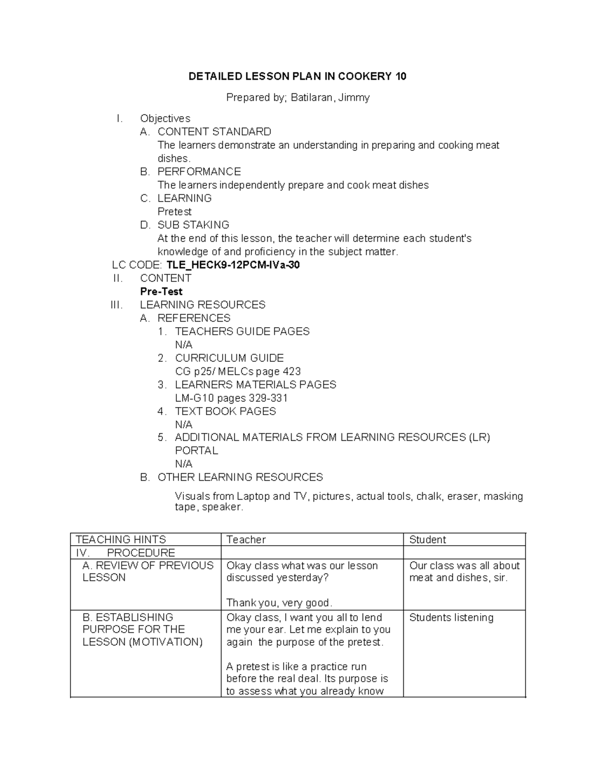 Lesson-PLAN- Cookery 10 MON - DETAILED LESSON PLAN IN COOKERY 10 ...