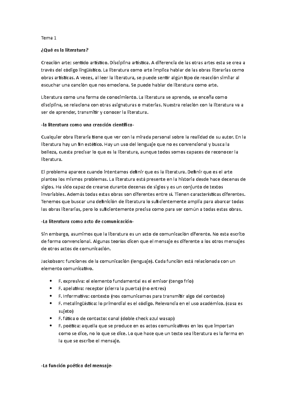 Tema 1 - Apuntes 1 - Tema 1 ¿Qué es la literatura? Creación arte ...