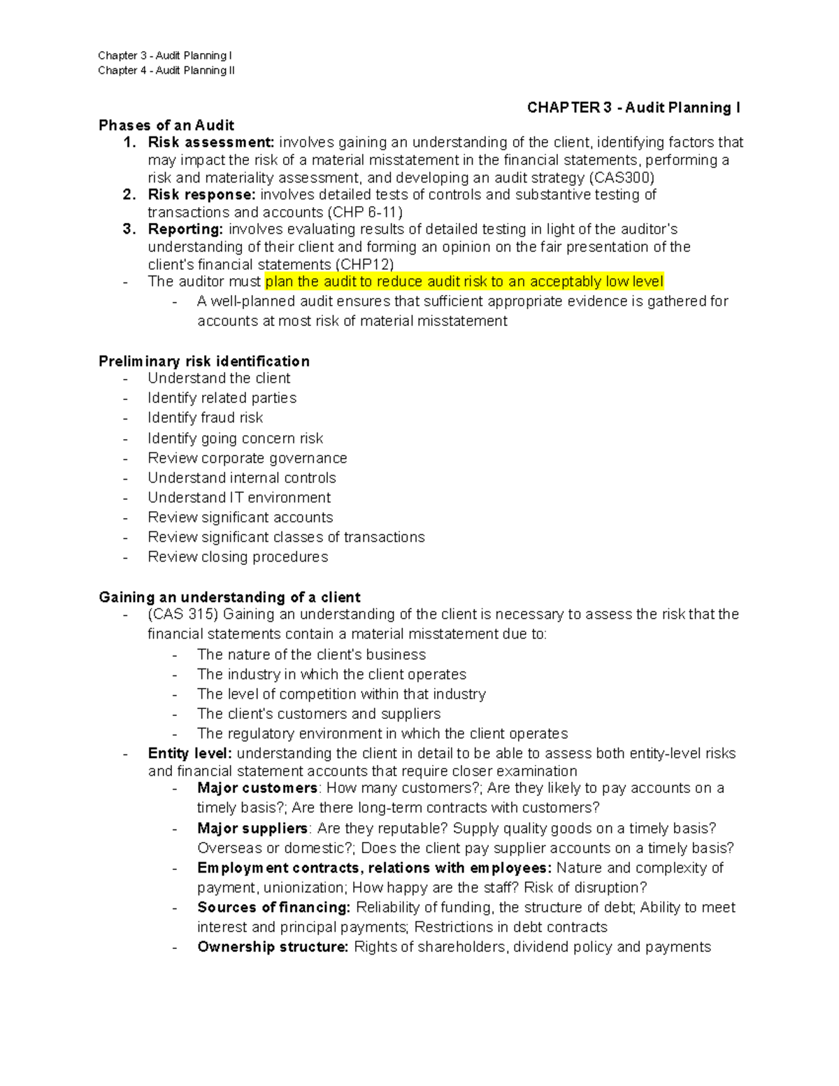 Chapter 3 4 - Lecture Notes - Chapter 4 - Audit Planning II **CHAPTER 3 ...