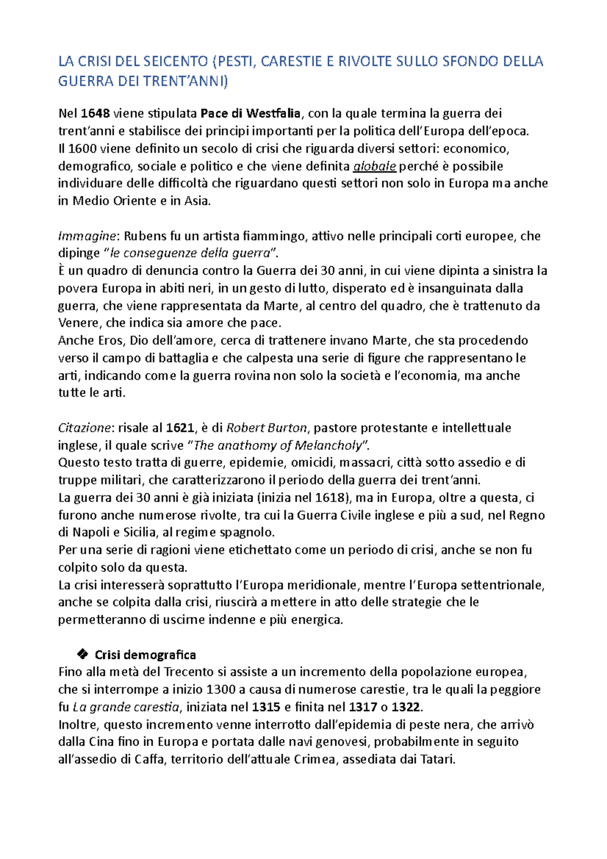 La crisi del '600 LA CRISI DEL SEICENTO (PESTI, CARESTIE E RIVOLTE SULLO SFONDO DELLA GUERRA