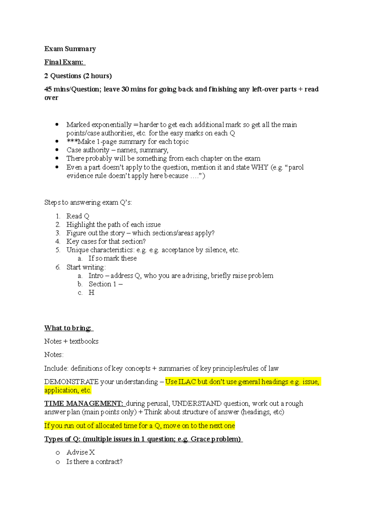 Contracts 1 Notes FULL - Exam Summary Final Exam: 2 Questions (2 Hours ...