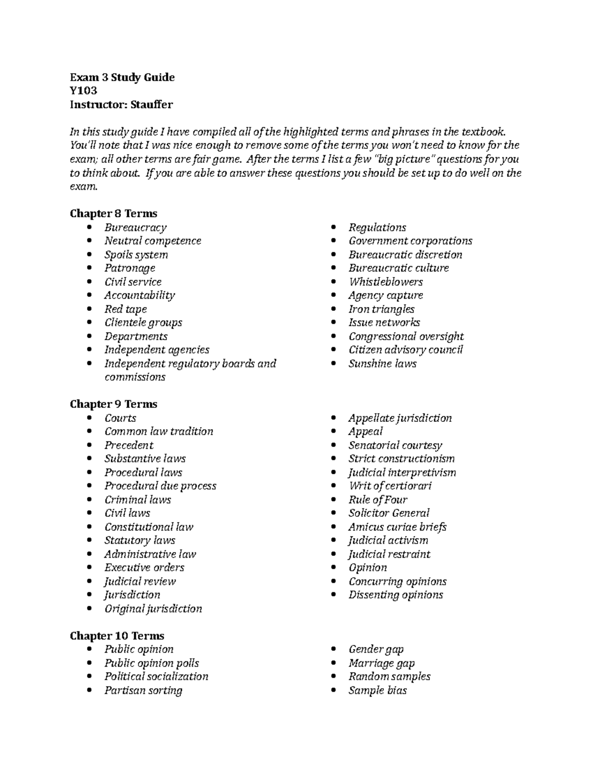 Exam 3 guide - Exam 3 Study Guide Y Instructor: Stauffer In this study ...