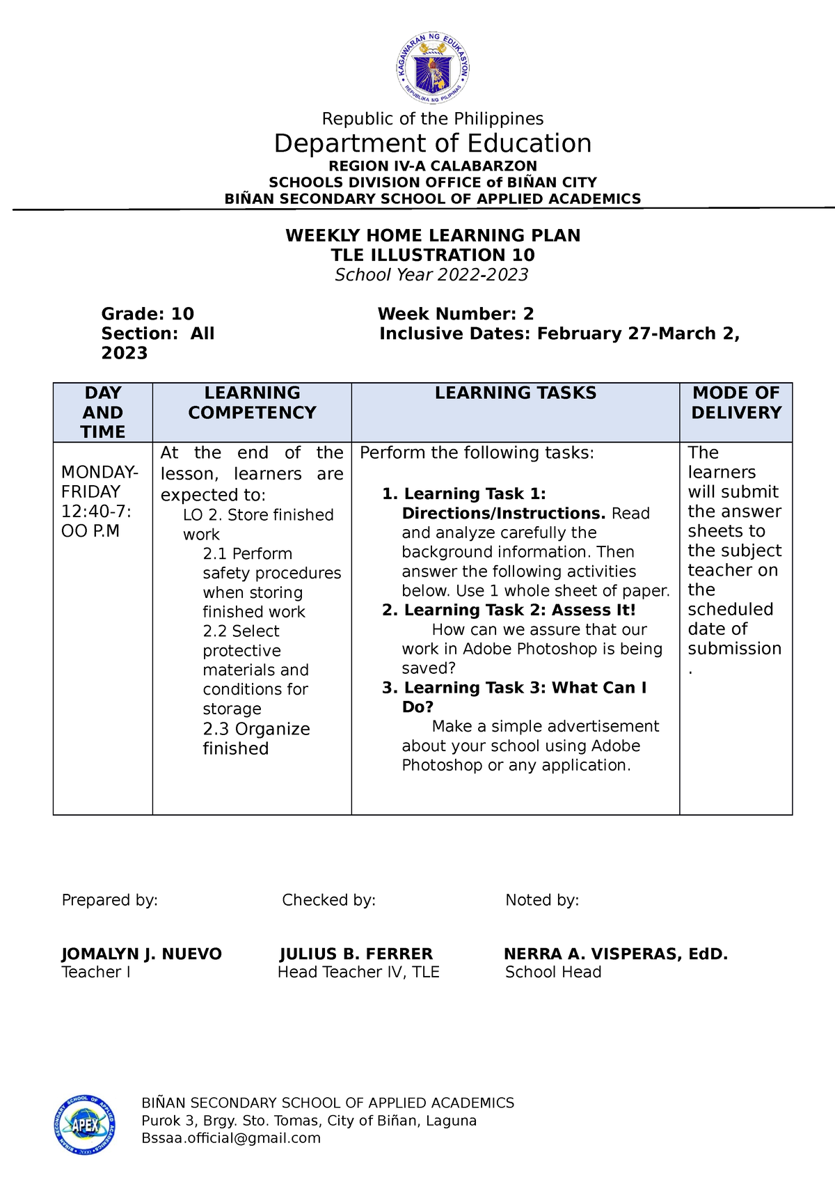 Individual WHLP TLE10 Quarter 1 Week 2 - Republic of the Philippines ...