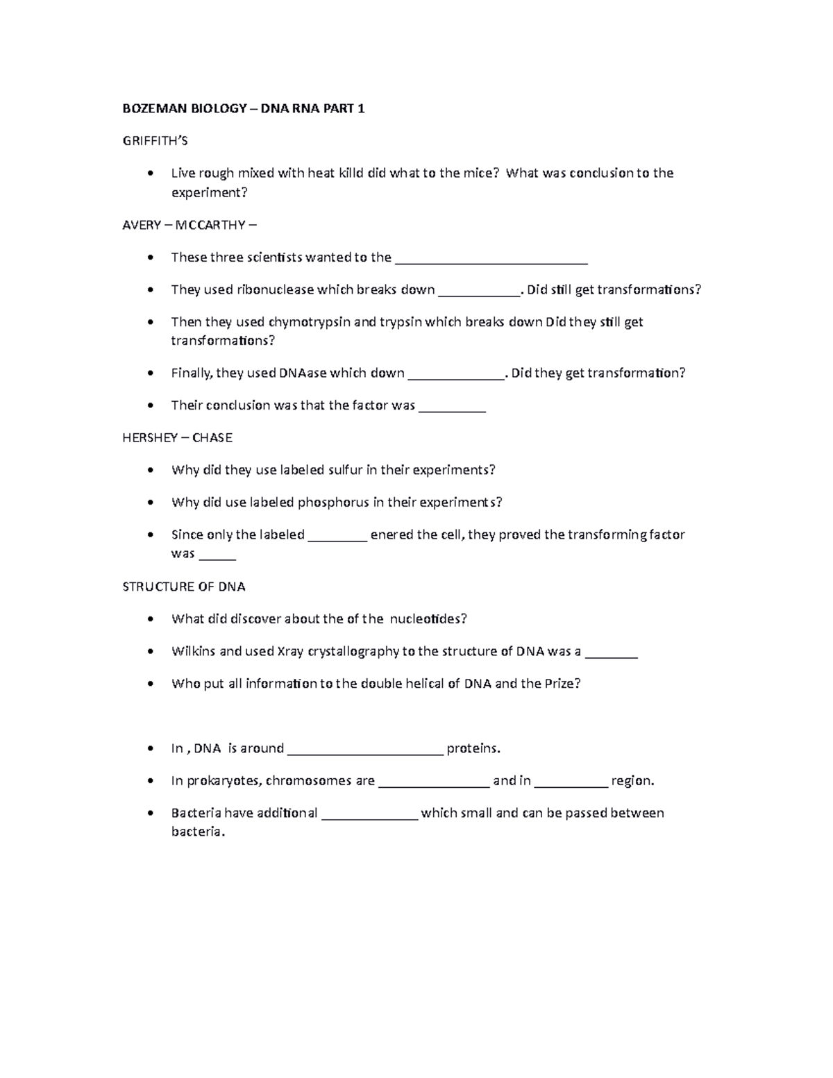 AP Biologoy writing and BOZEMAN BIOLOGY DNA RNA PART 1 GRIFFITH’S