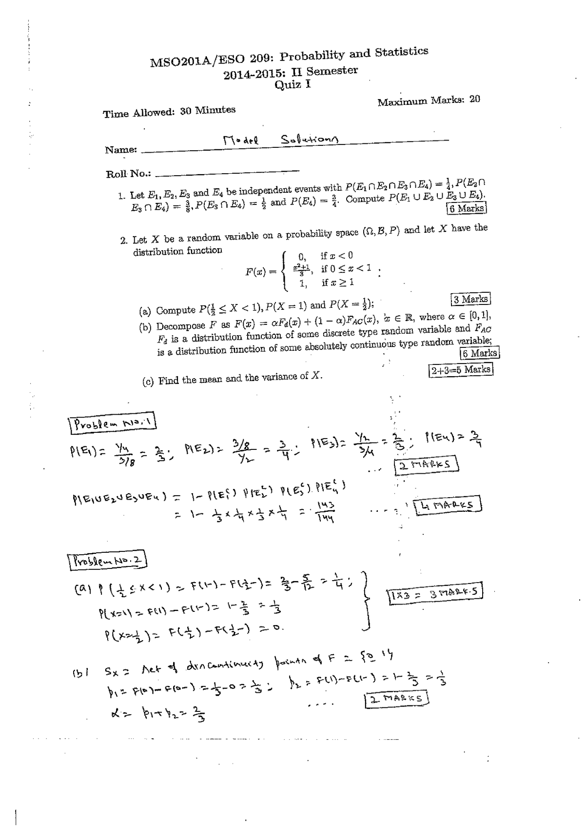 Exam 4 September 2015, questions and answers - PROBABILITY AND ...