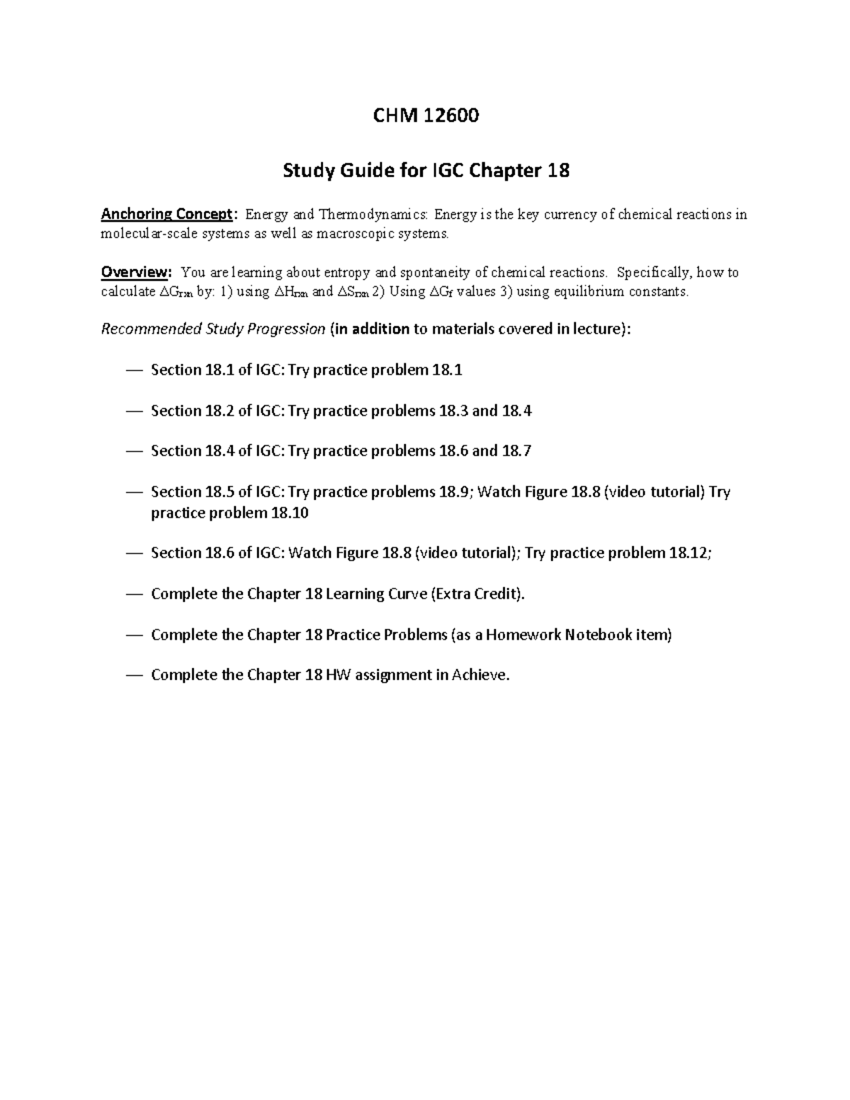 Chapter 18 Study Guide - CHM 12600 Study Guide for IGC Chapter 18 ...