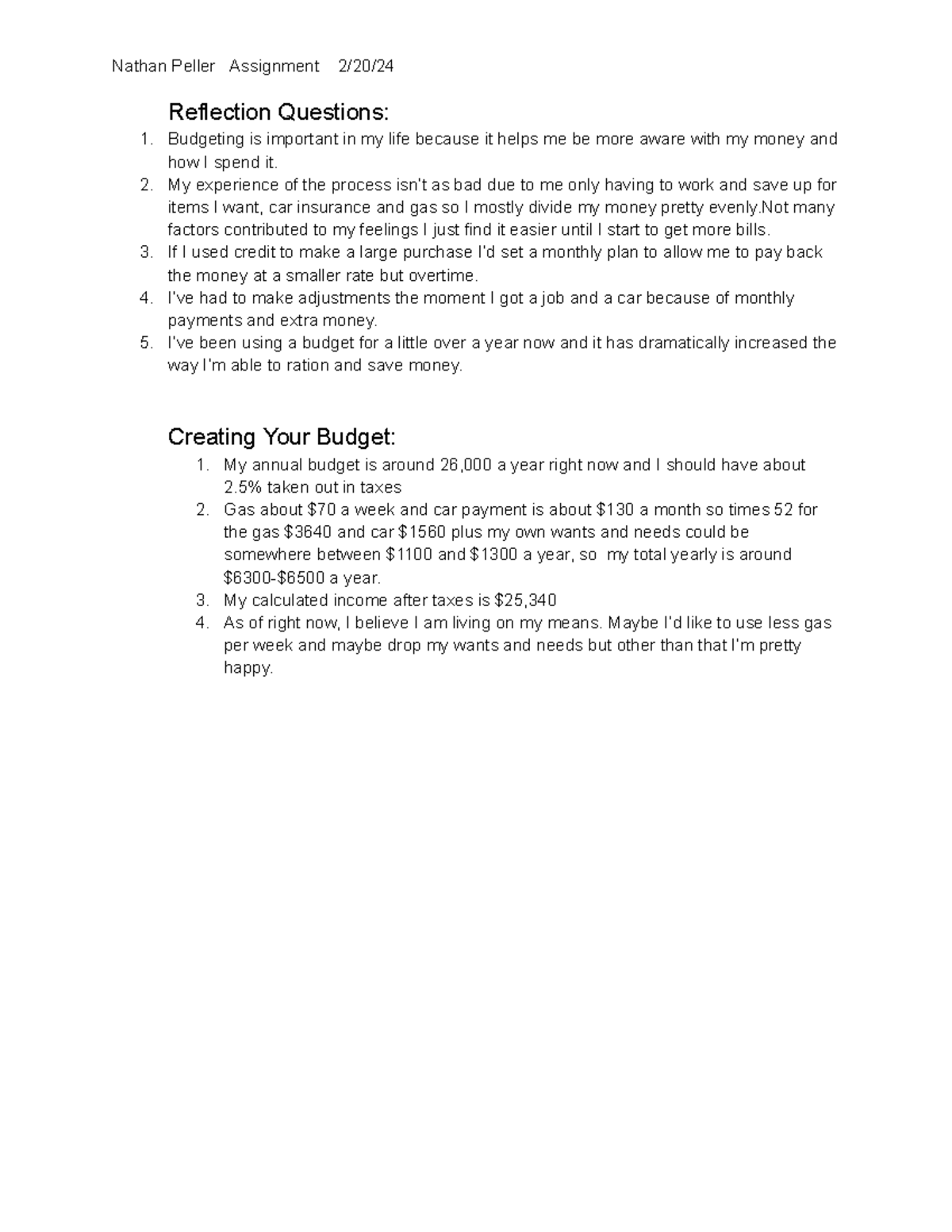 1.09 Your Budget - homework answers - Nathan Peller Assignment 2/20 ...