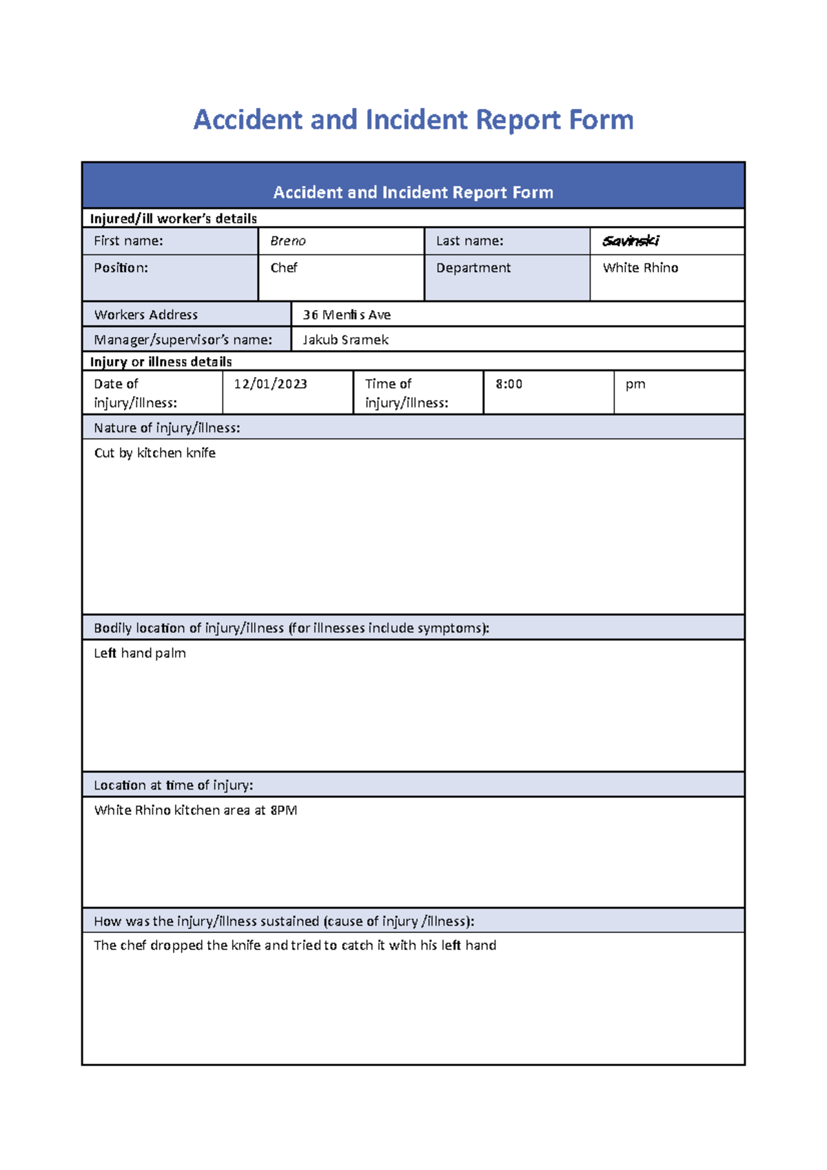 Report 1 - Accident and Incident Report Form Accident and Incident ...