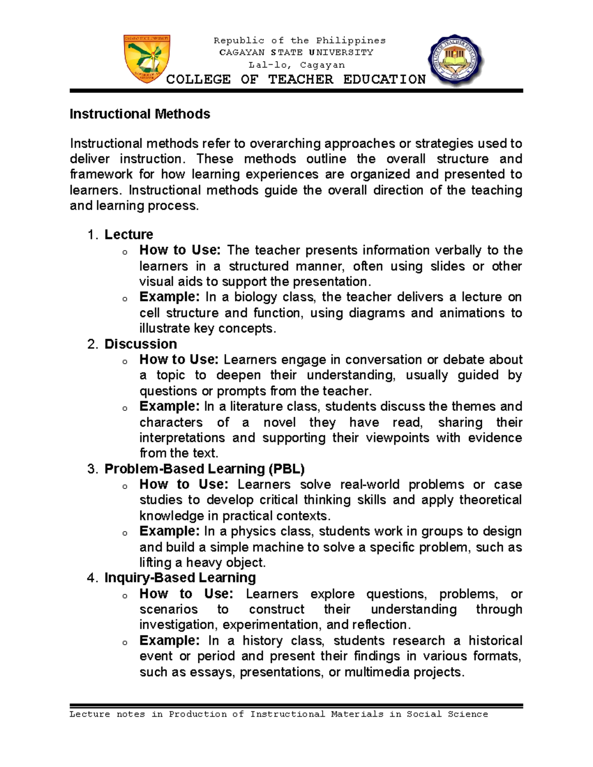 Instructional-Methods 091240 - CAGAYAN STATE UNIVERSITY Lal-lo, Cagayan ...