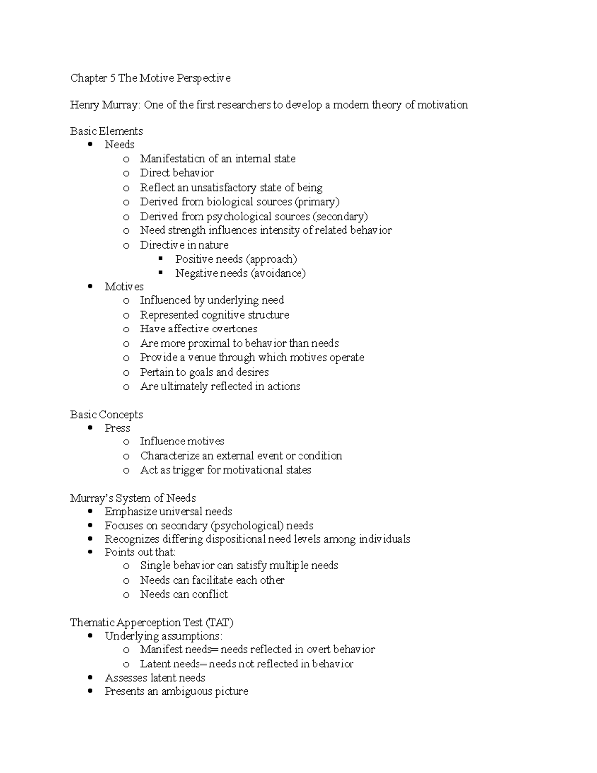 Chapter 5 The Motive Perspective Notes - Chapter 5 The Motive ...