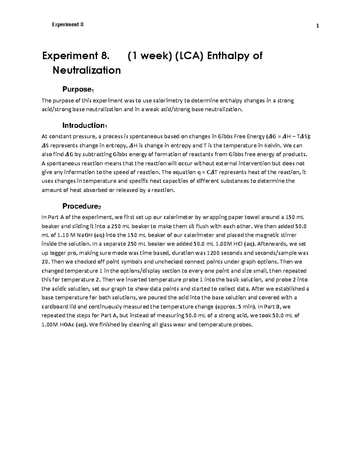 Enthalpy of Neutralization Lab Report 2024 Experiment 8. ( 1 week
