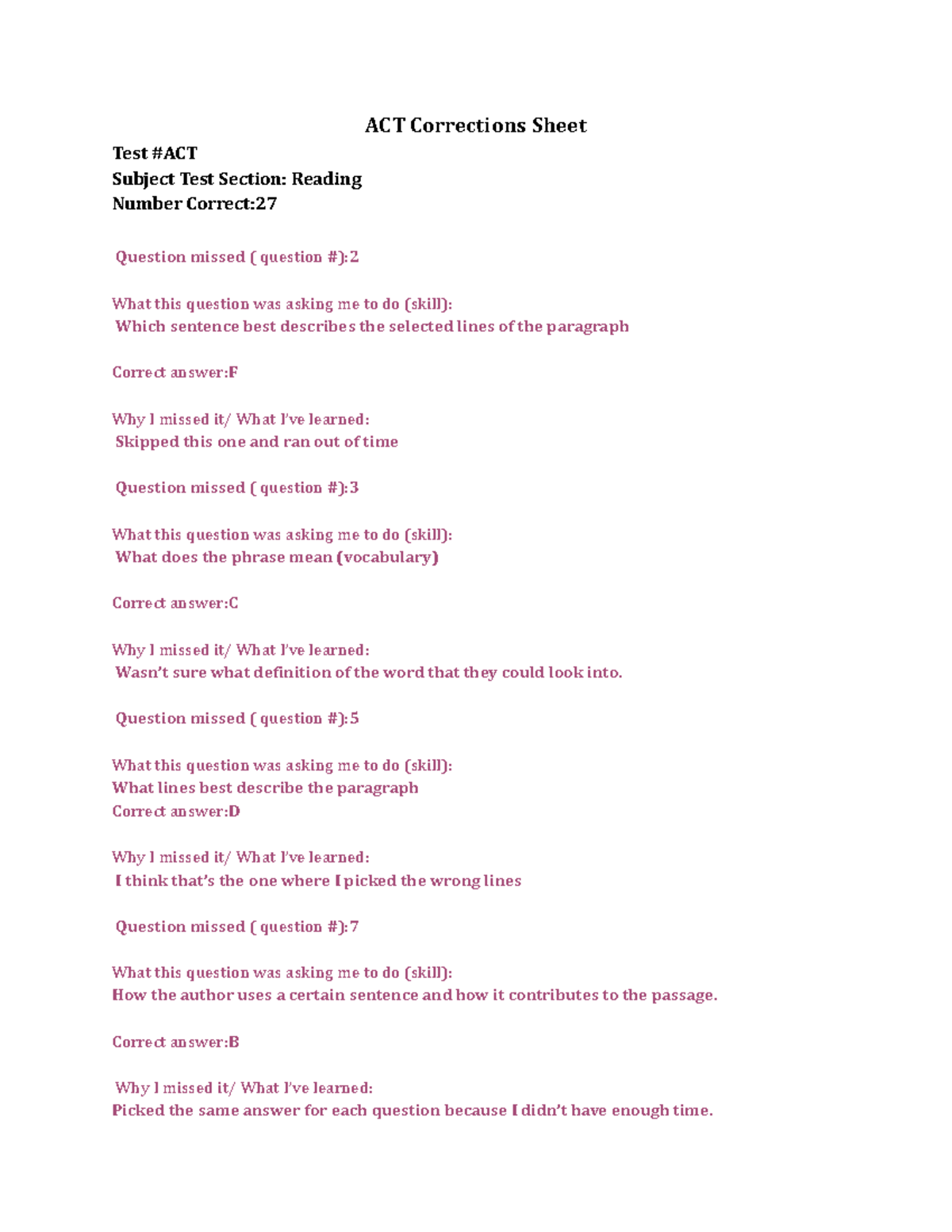 ACT Corrections Sheet Study material for APUSH ACT Corrections