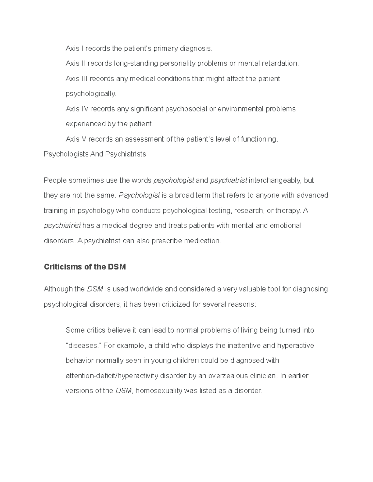 psychological disorders in class notes Axis I records the patient’s