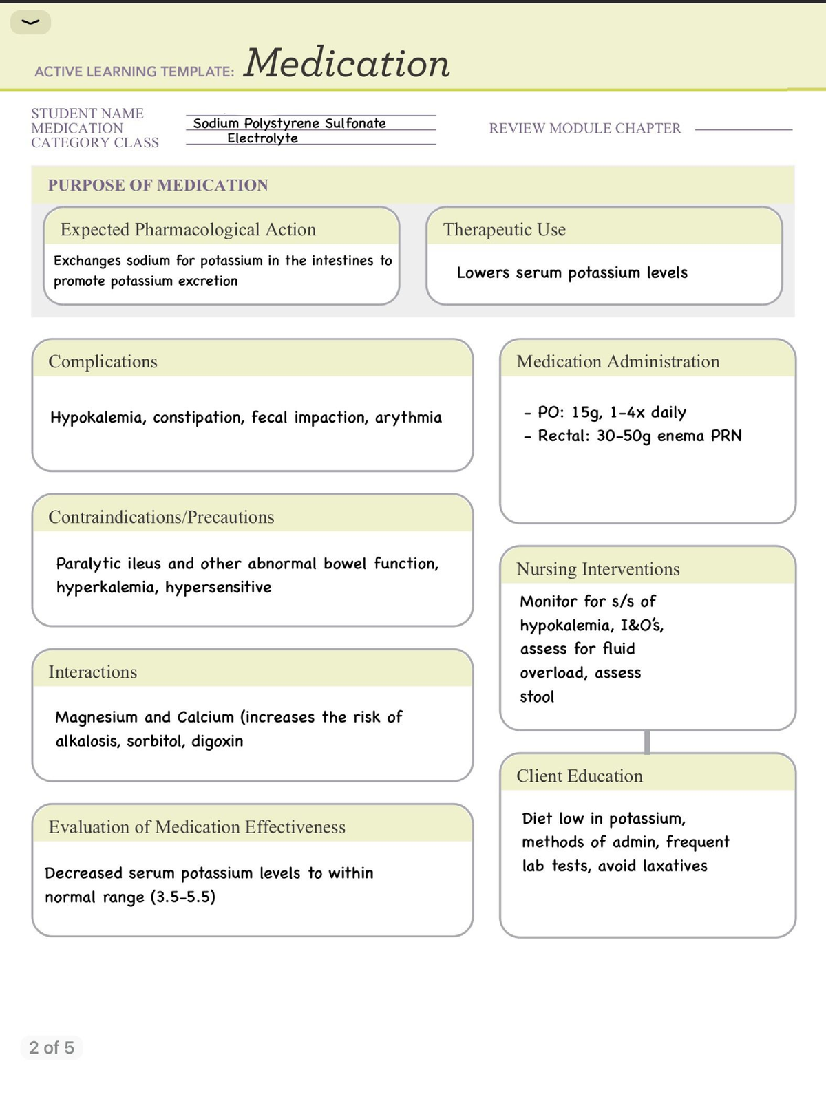 Ati Medication Template Sodium Polystyrene