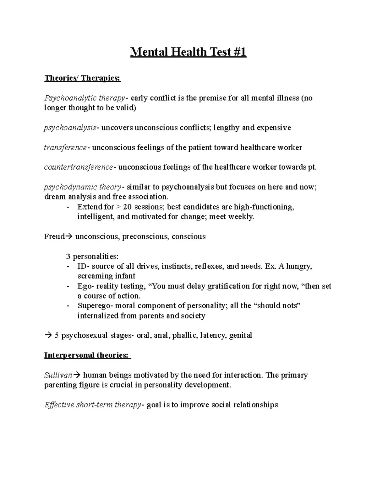 Mental Health Test 1 MH review Mental Health Test Theories