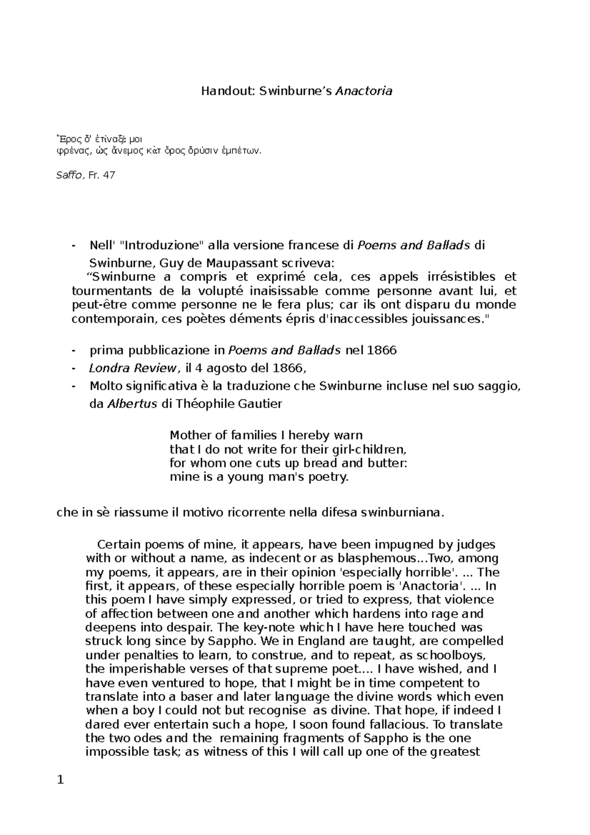Handout- Swinburne Anactoria - Handout: Swinburne’s Anactoria Ἔρος δ ...