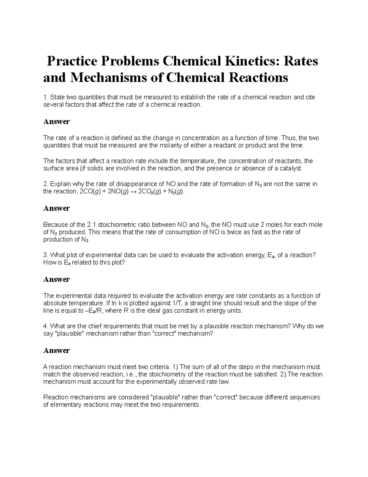 Practice Problems Chemical Kinetics - Answer The rate of a reaction is ...