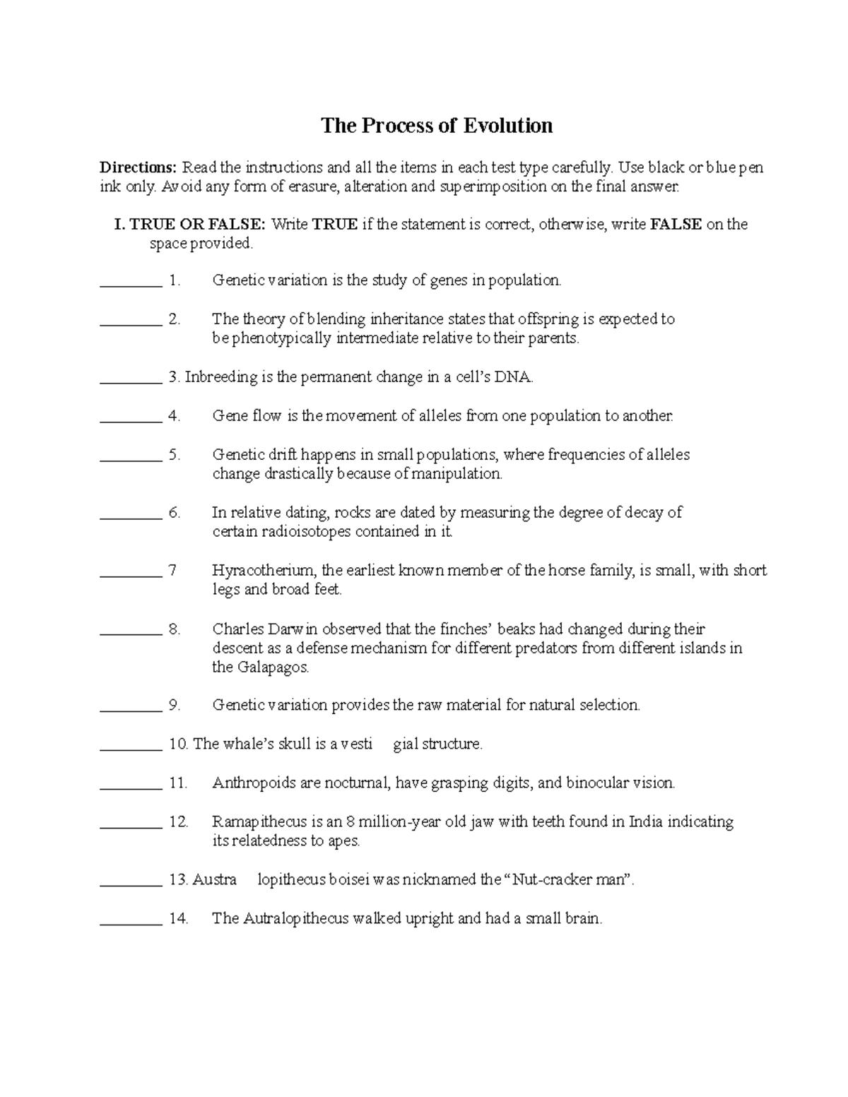 Evolution - The Process of Evolution Directions: Read the instructions ...