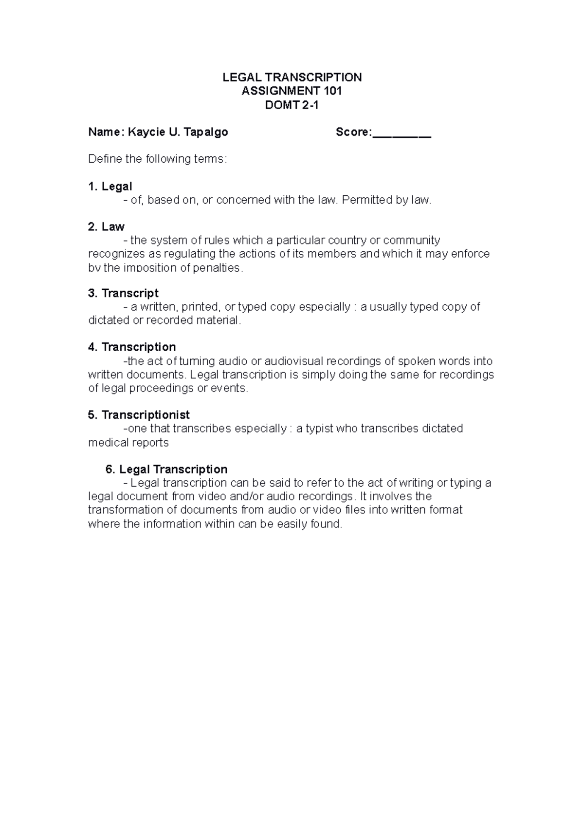Legaltranscription Assignment 101 - LEGAL TRANSCRIPTION ASSIGNMENT 101 ...