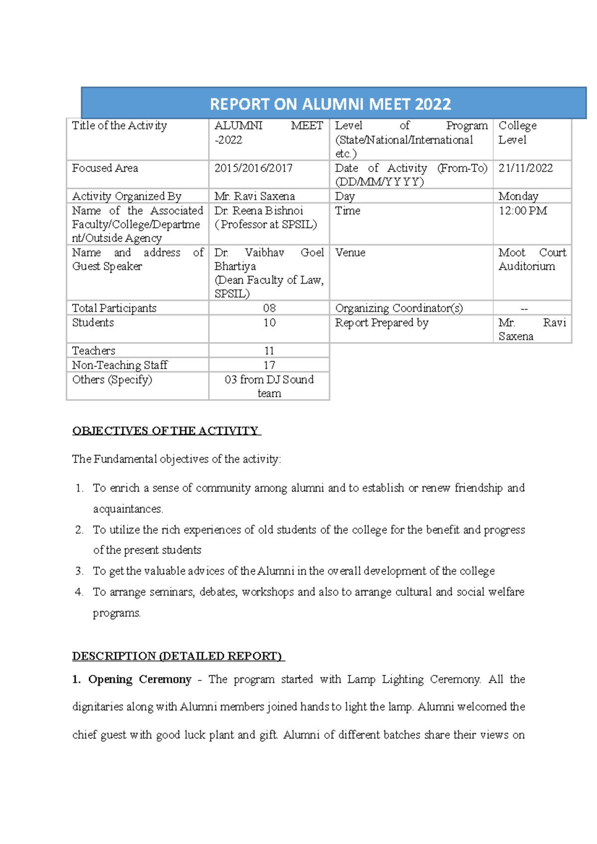 Acivity Report Format - Others - Title of the Activity ALUMNI MEET ...