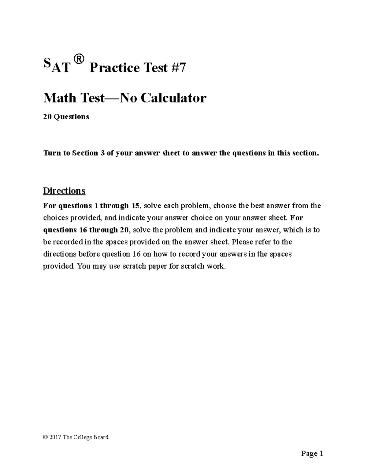 Sat practice test 7 math no calculator assistive technology S AT