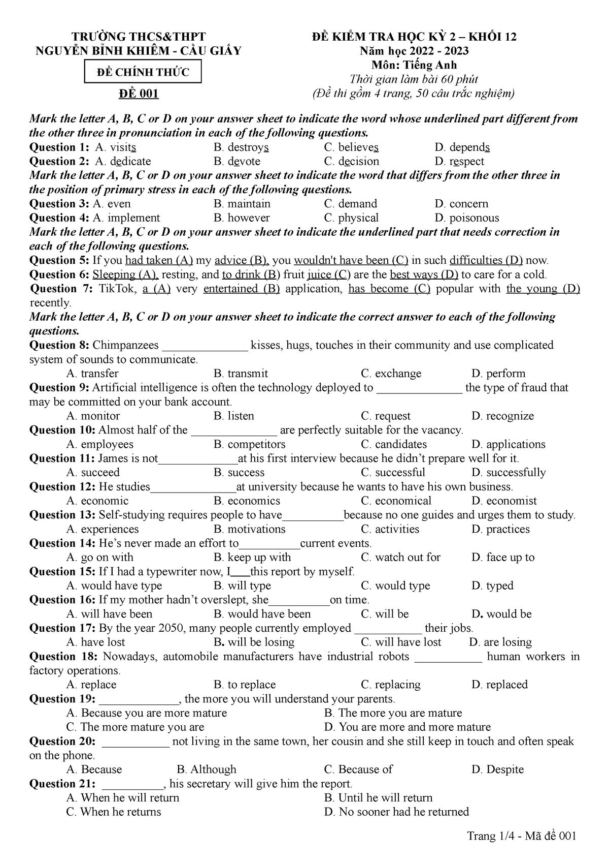 001 - English test form - TRƯỜNG THCS&THPT NGUYỄN BỈNH KHIÊM - CẦU GIẤY ...