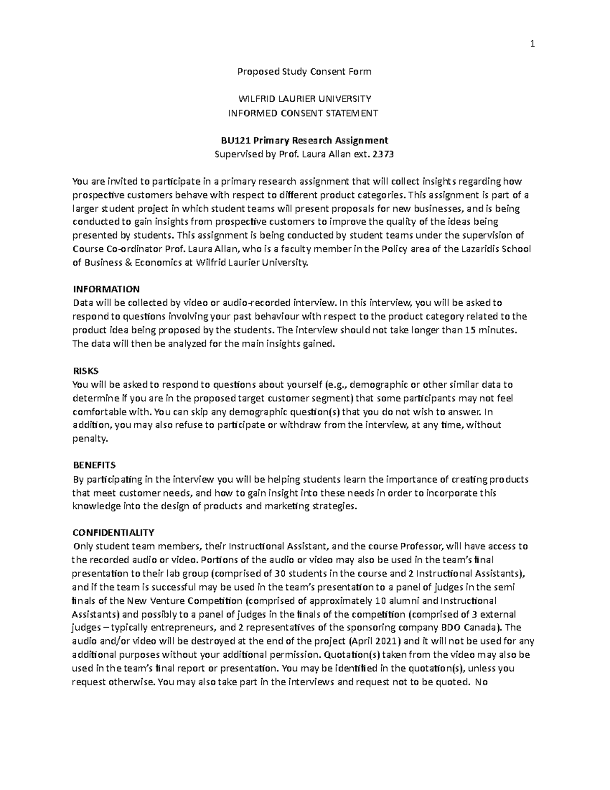 BU121 Consent Form for Interviews - 1 Proposed Study Consent Form ...