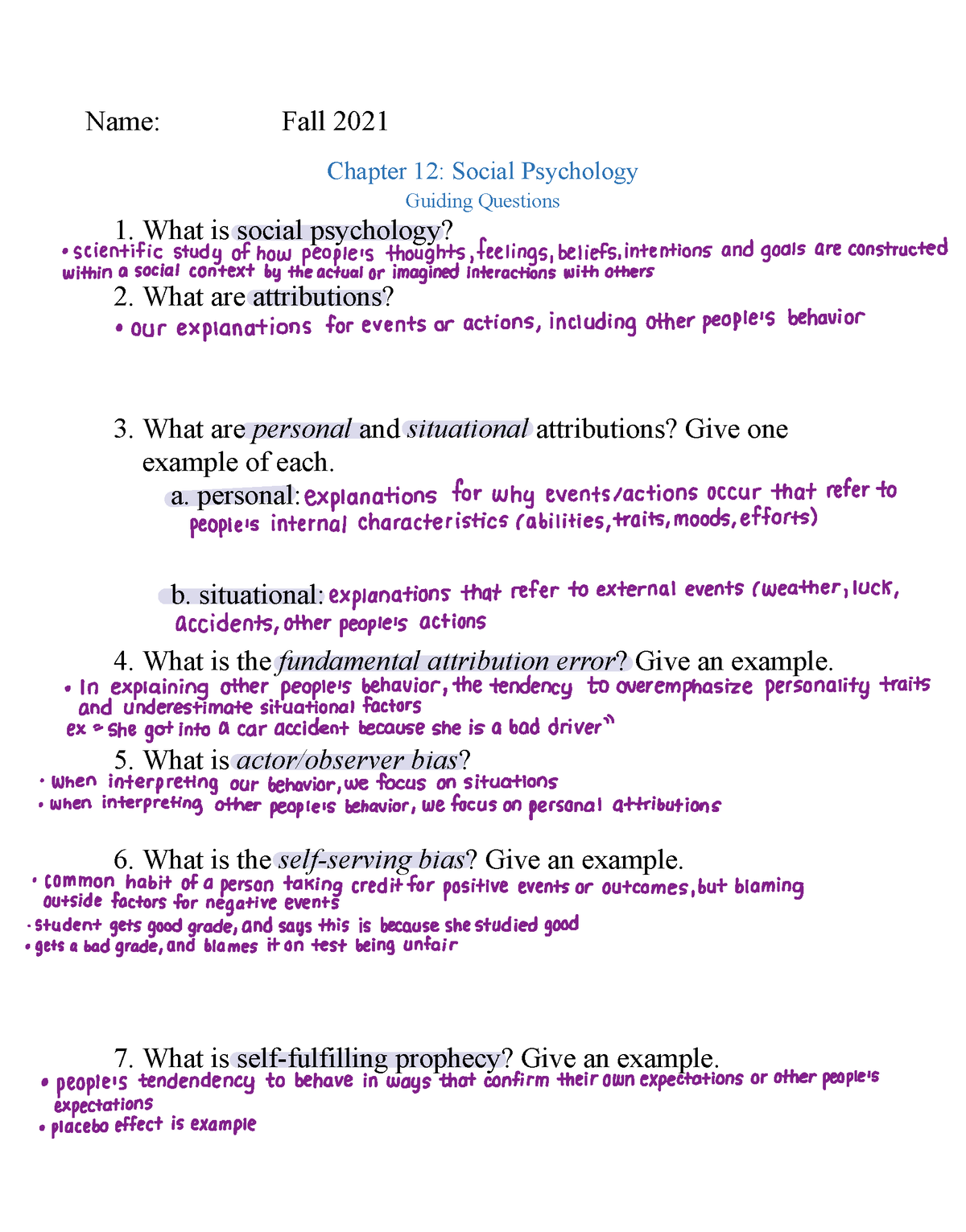 Chapter 12 Social Psychology Guiding Questions - Name: Fall 2021 ...