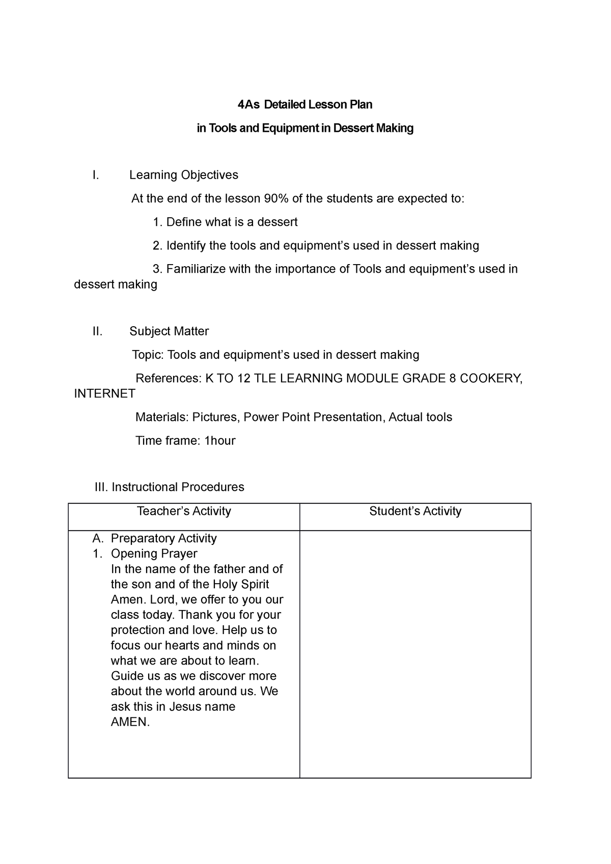 4As Detailed Lesson Plan 4th - 4As Detailed Lesson Plan In Tools And ...