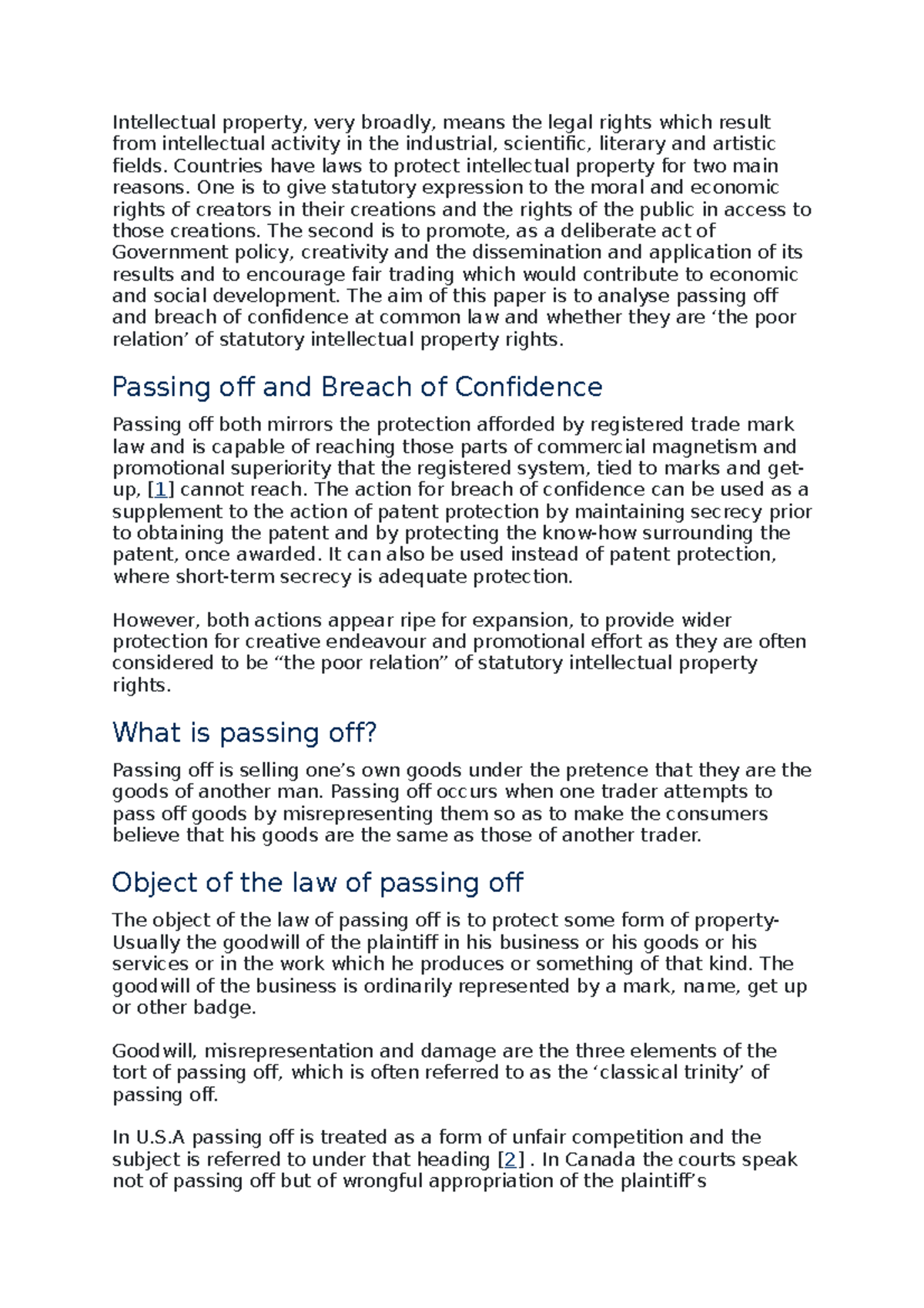 Passing off - Intellectual property, very broadly, means the legal ...