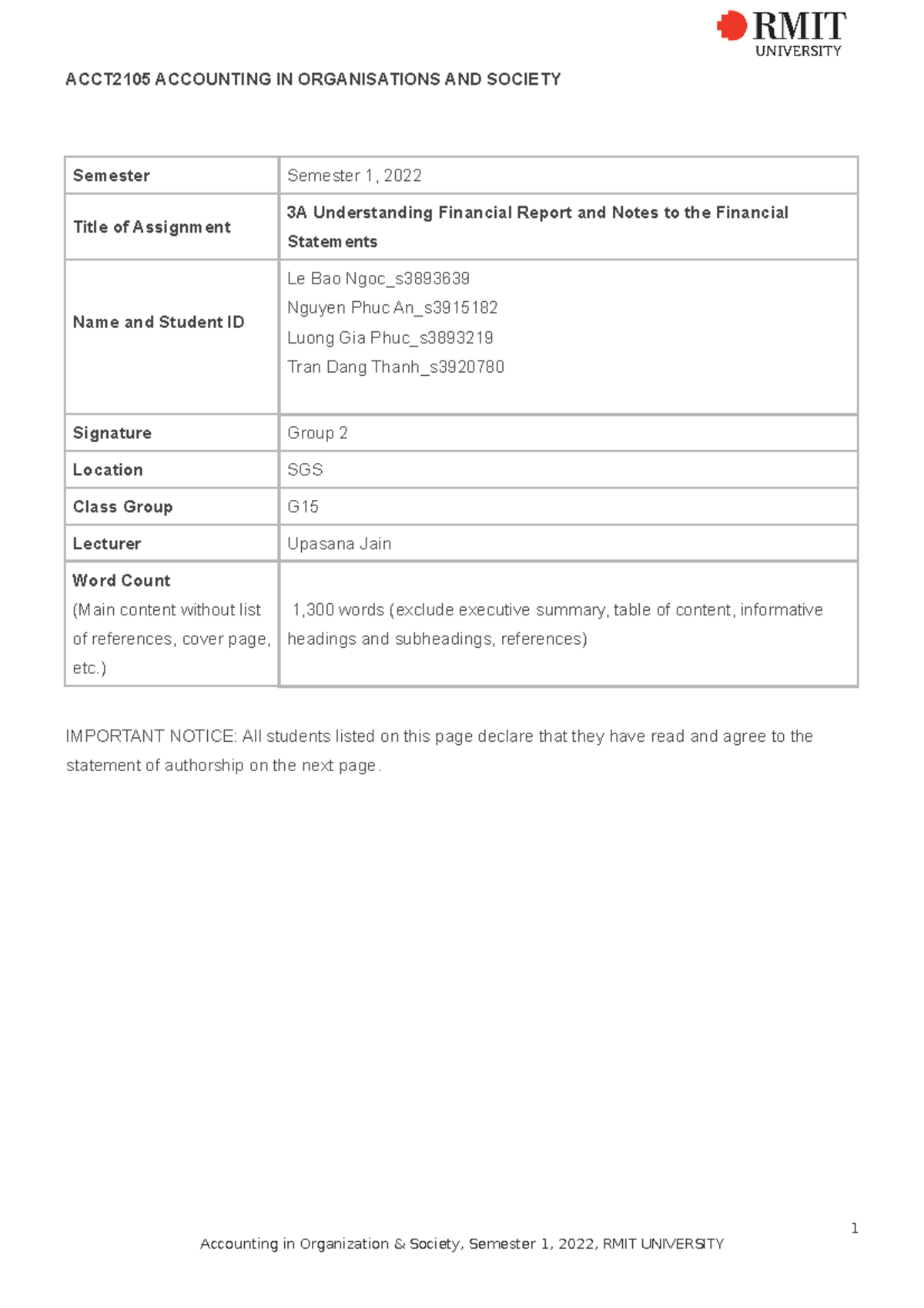 ACCT2105 Assignment 3A Sem1,2022,SGS Group 2 - ACCT2105 ACCOUNTING IN ...