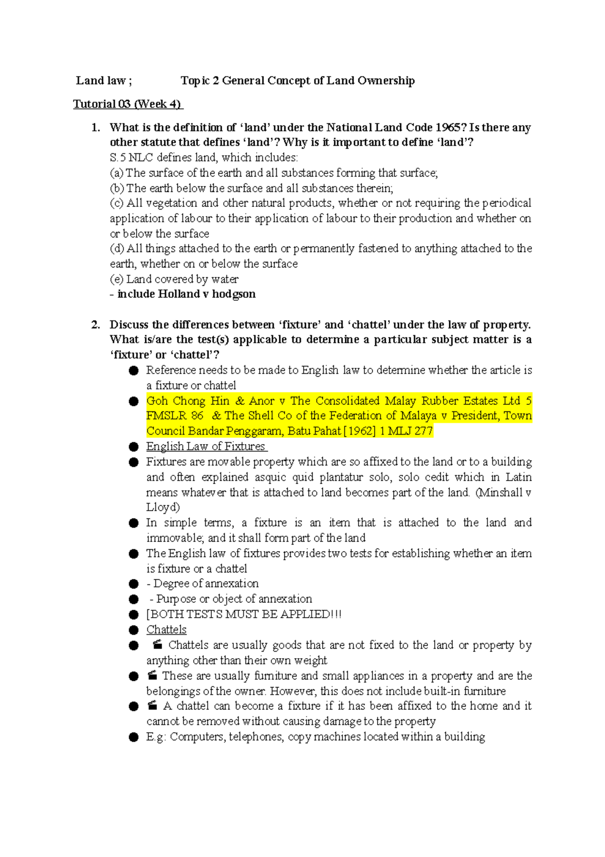 Tuto 2 Topic 2 General Concept of Land Ownership Land law ; Topic