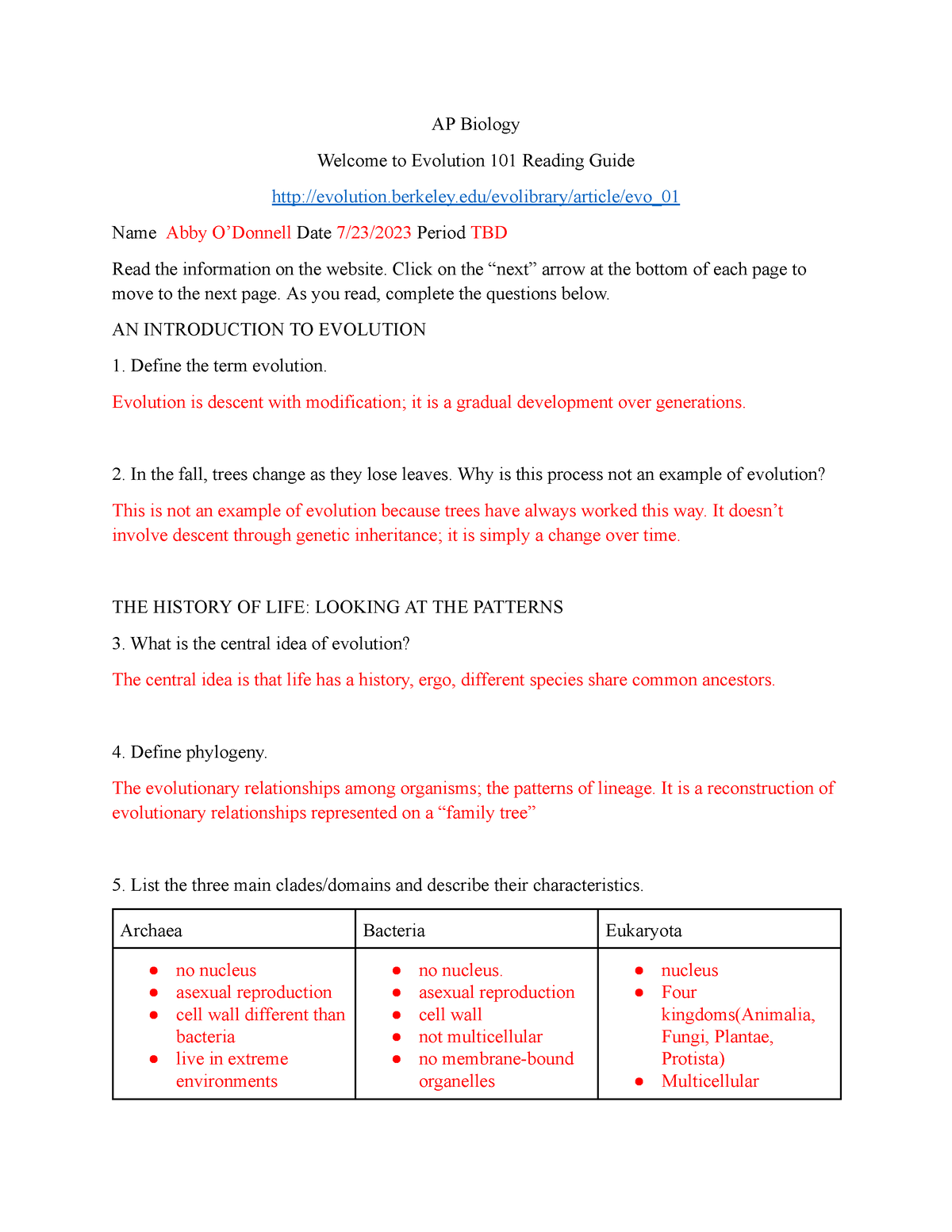 ap bio summer assignment answers