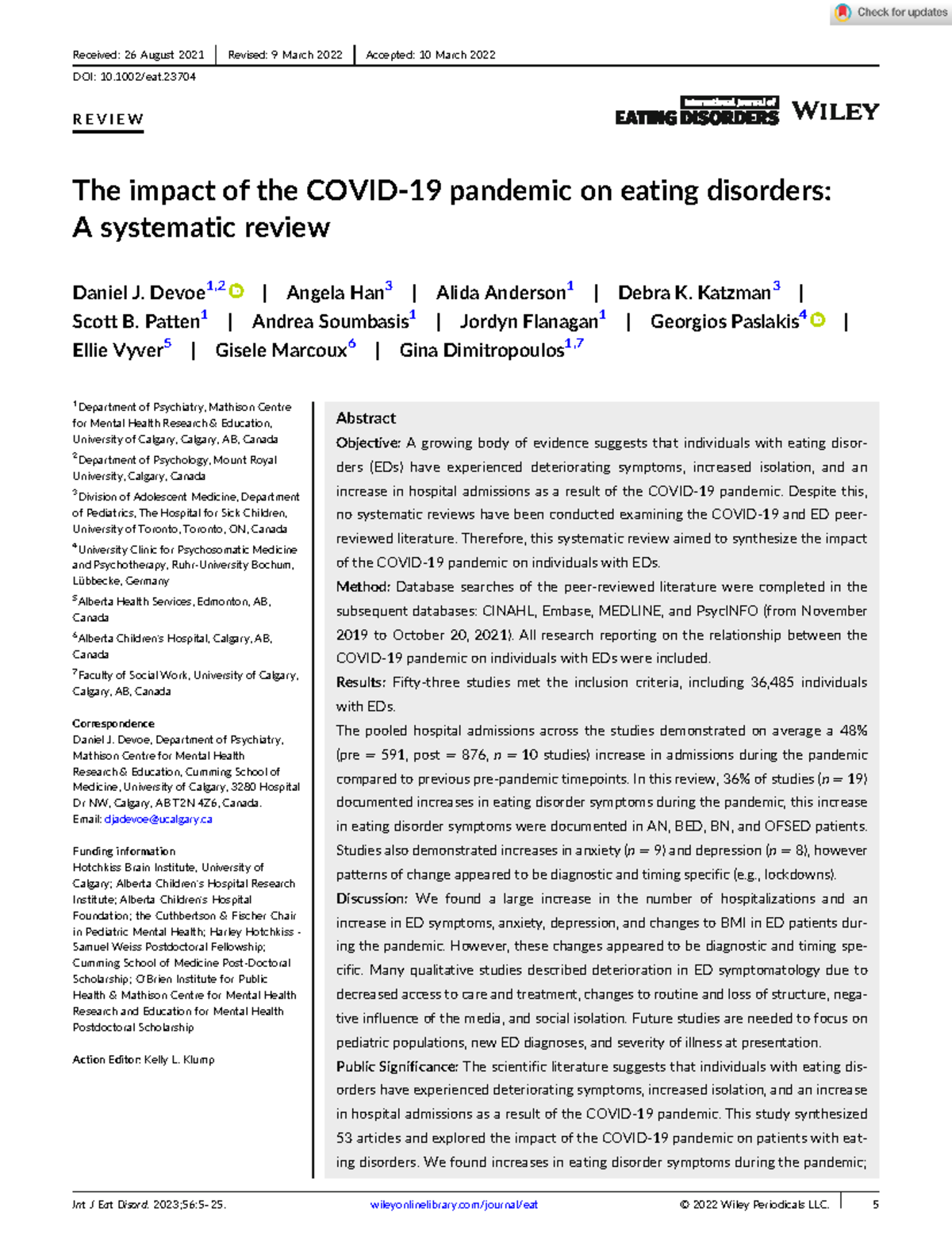 Intl J Eating Disorders - 2022 - Devoe - R E V I E W The impact of the ...