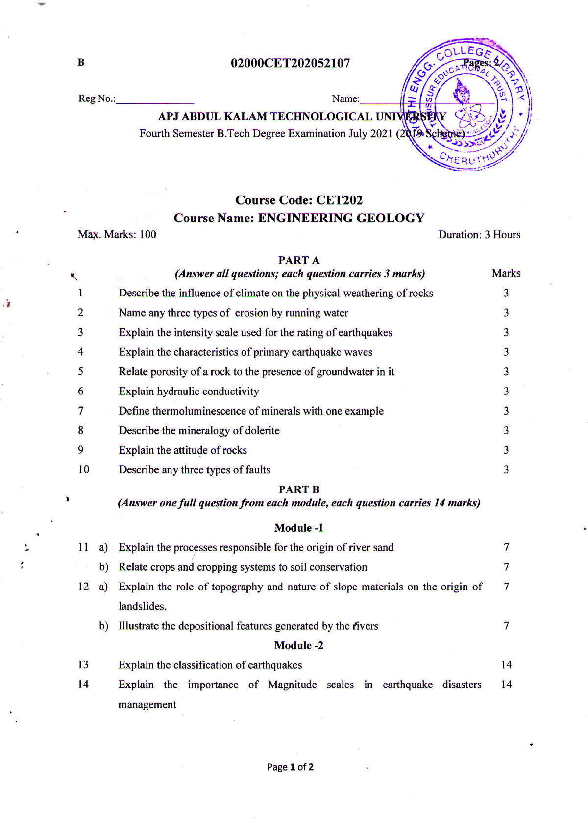 CET202 Engineering Geology, JULY 2021 - B RegNo ...