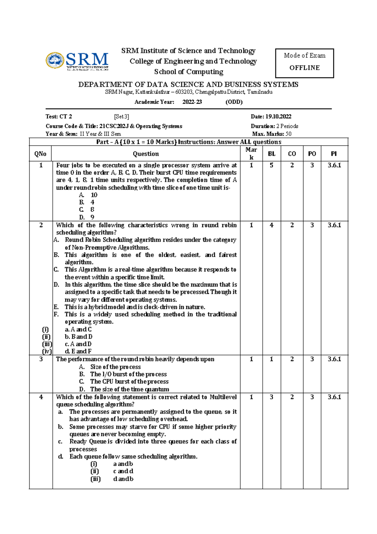 CT 2 SET 3 OS - aaaaaaaaaaaaaaaaaaaaaaa - SRM Institute of Science and ...