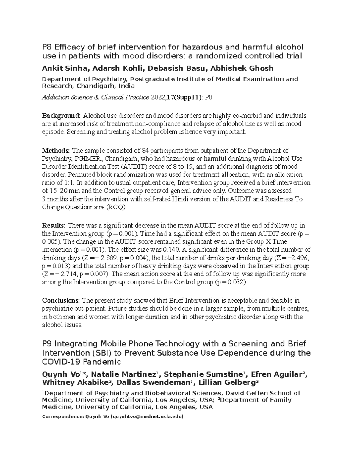 034 Efficacy of brief intervention for hazardous and harmful alcohol