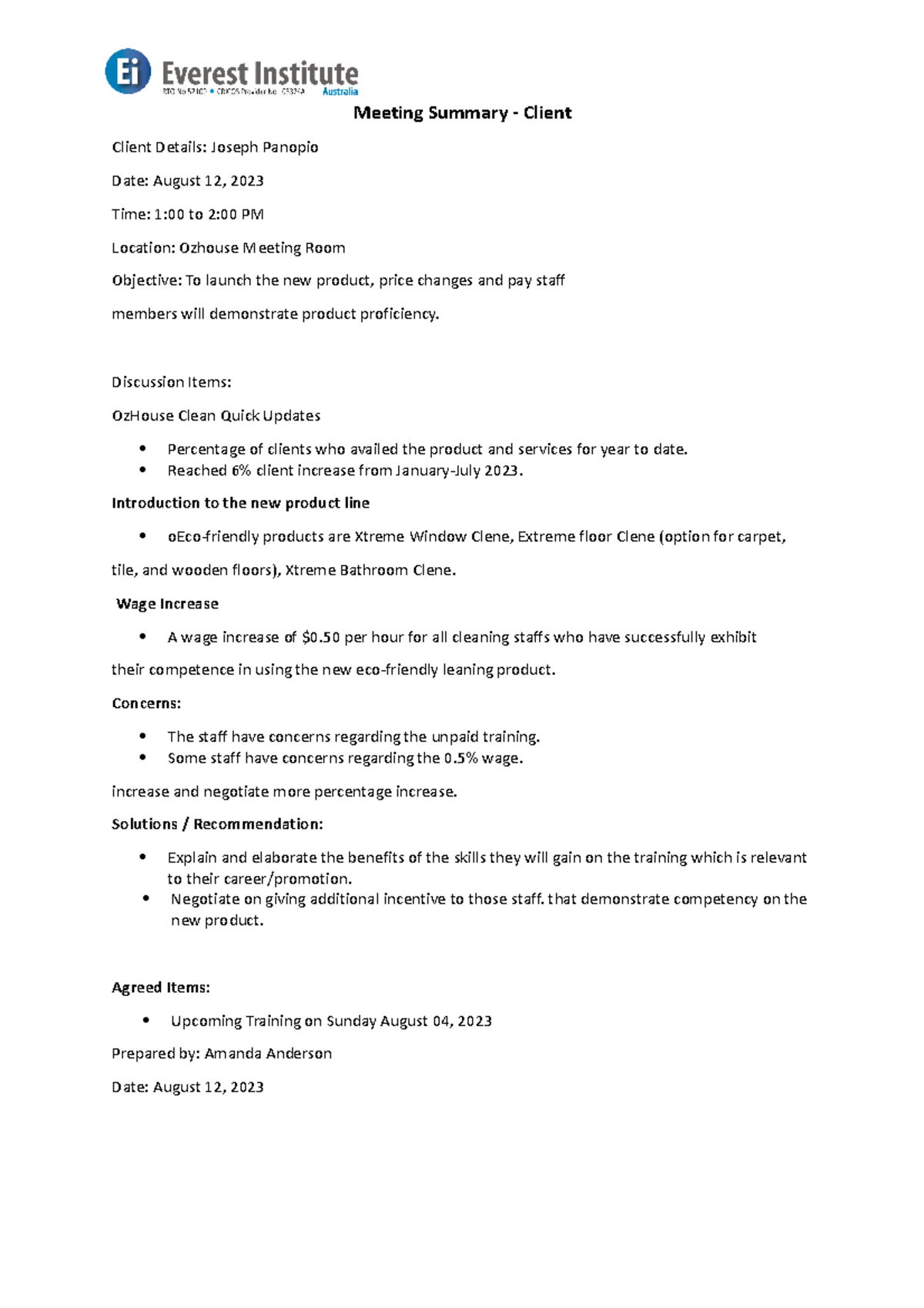 Assessment 2, Section 3 - Documented meeting outcomes - Staff - Meeting ...