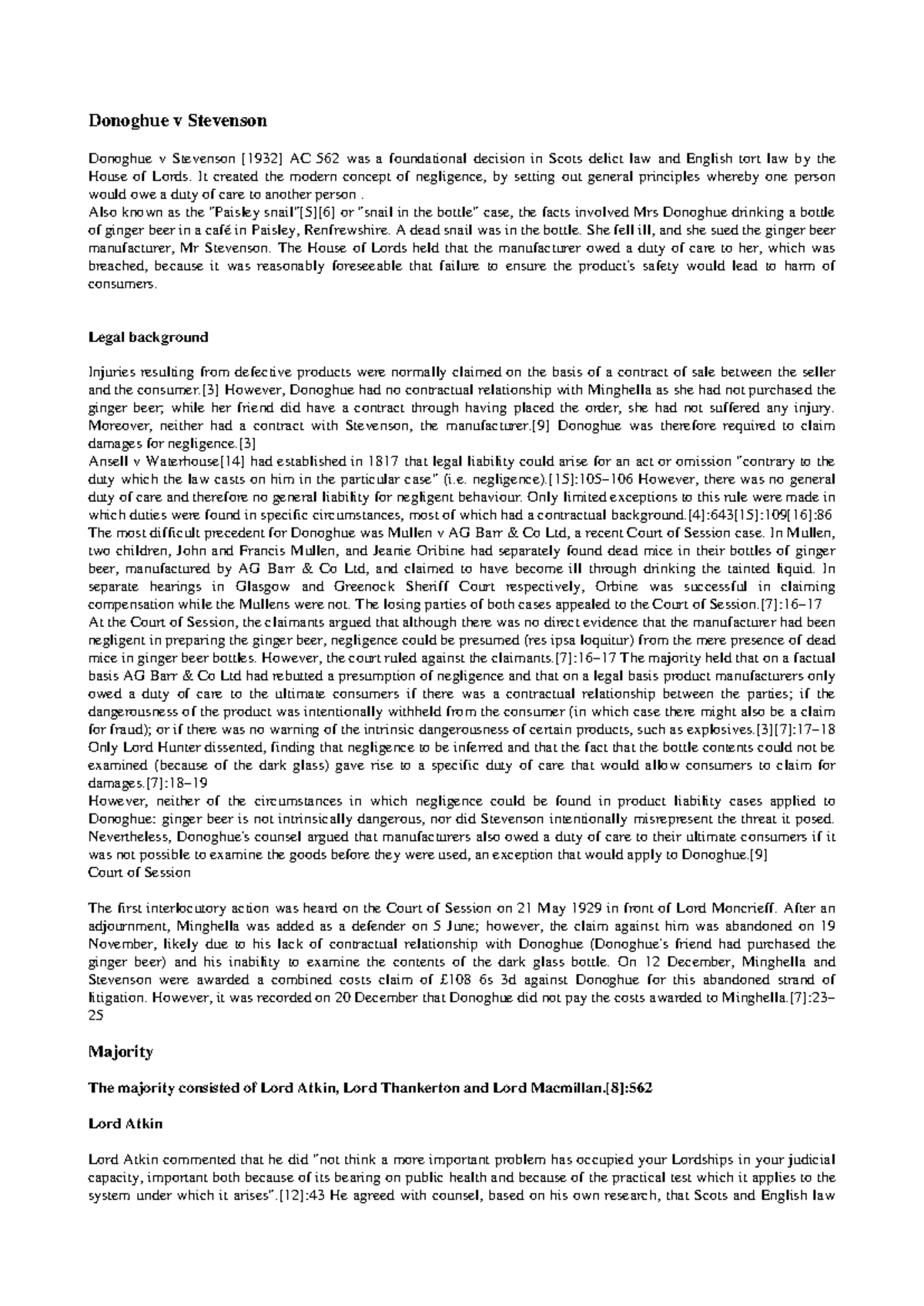 Donoghue Stevenson - More notes are required - Donoghue v Stevenson ...