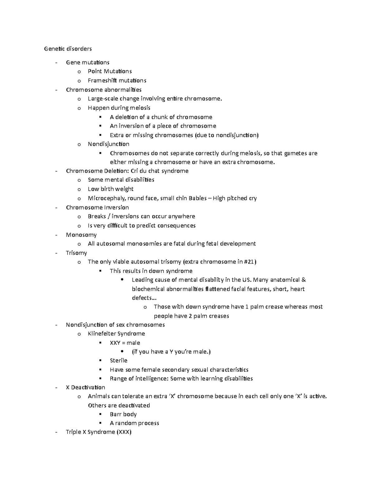 Biology 101 Class 12 Notes - Genetic disorders Gene mutations o Point ...