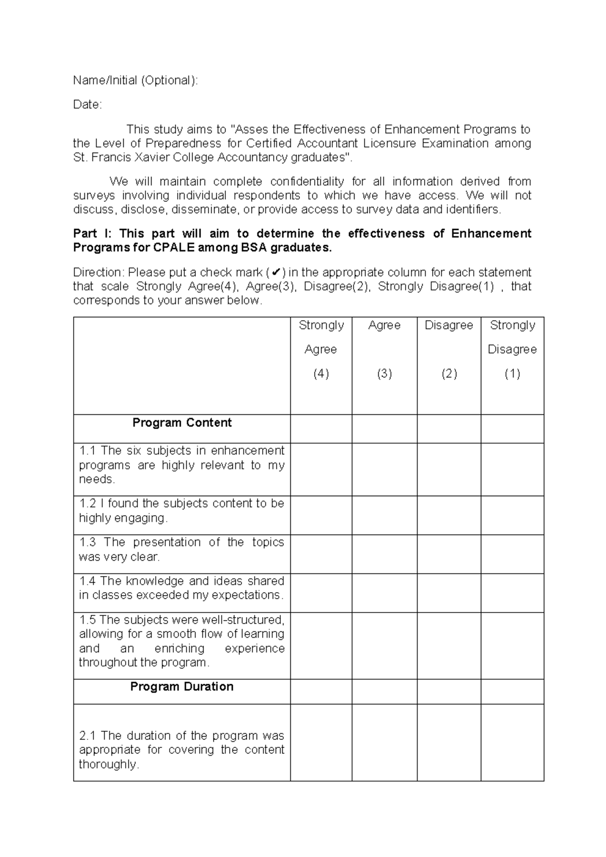 Questionnairefinal - Researchers made - Name/Initial (Optional): Date ...