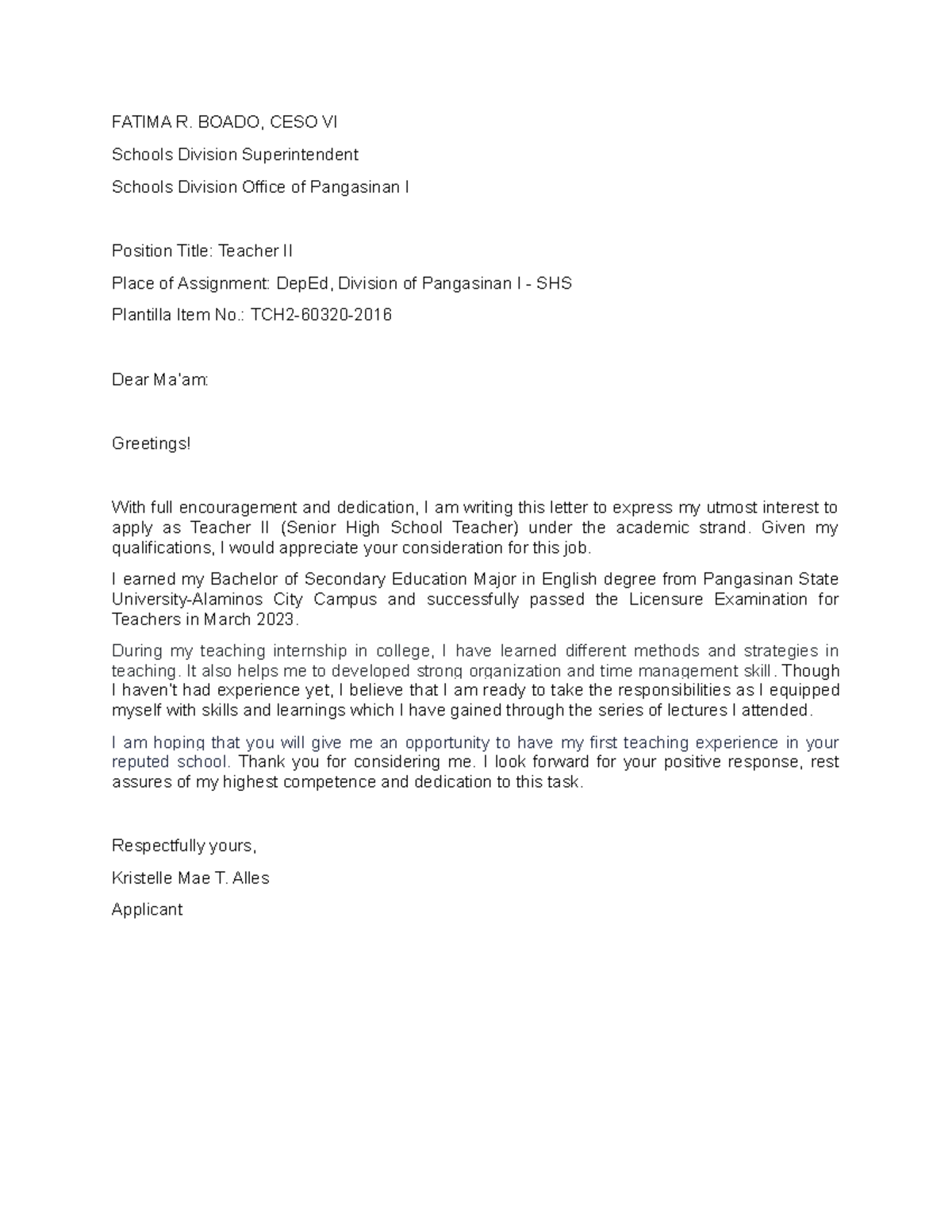 Application Letter Teaching - FATIMA R. BOADO, CESO VI Schools Division ...