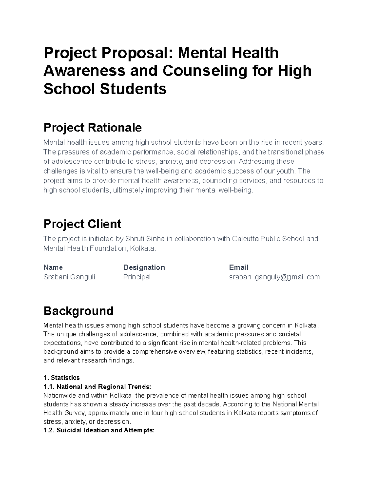 Project Proposal Mental Health Awareness and Counseling for High School