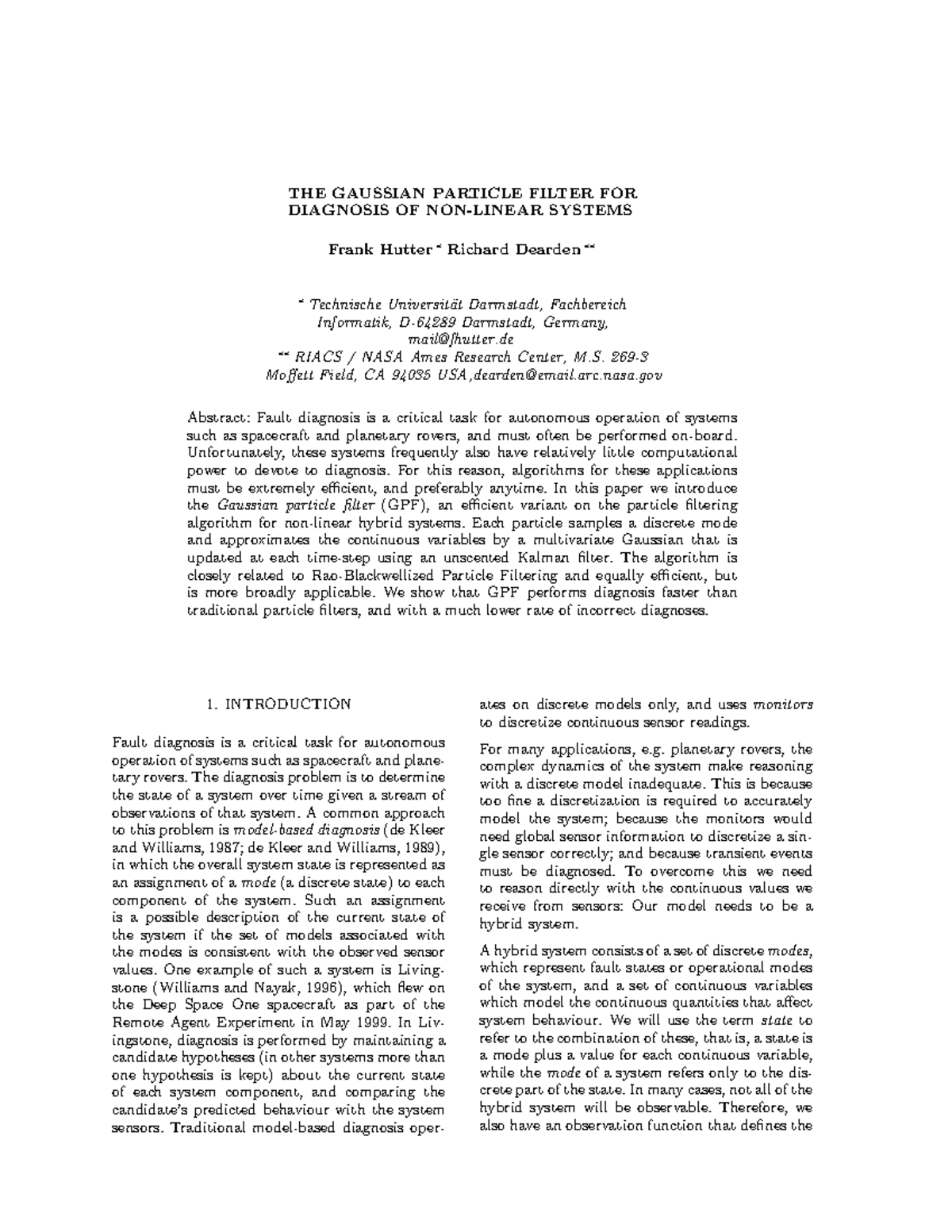 THE Gaussian Particle Filter Fordiagnosis OF NON- Linear Systems - THE ...