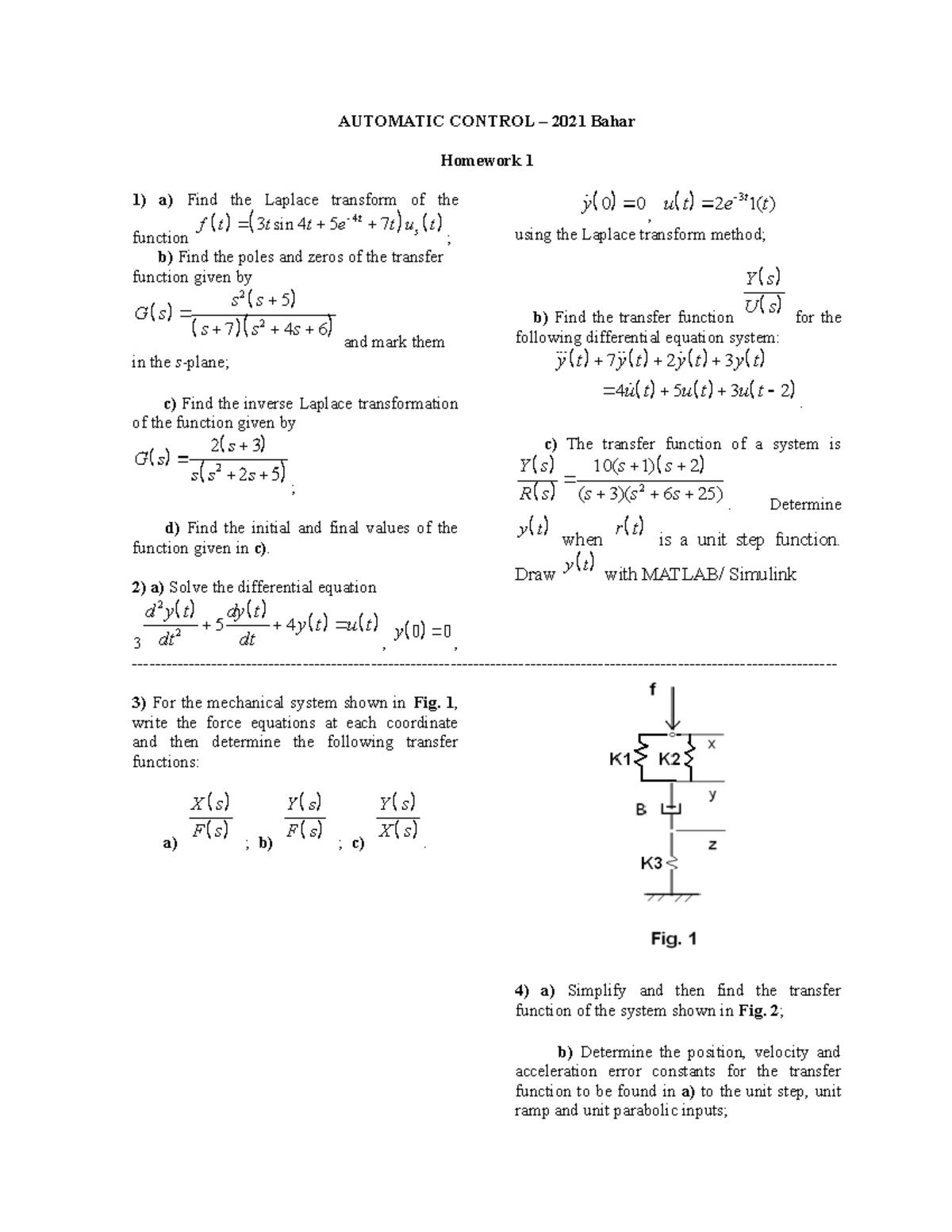 AC1-HW1-2021 - caferov - AUTOMATIC CONTROL – 2021 Bahar Homework 1 1) a ...