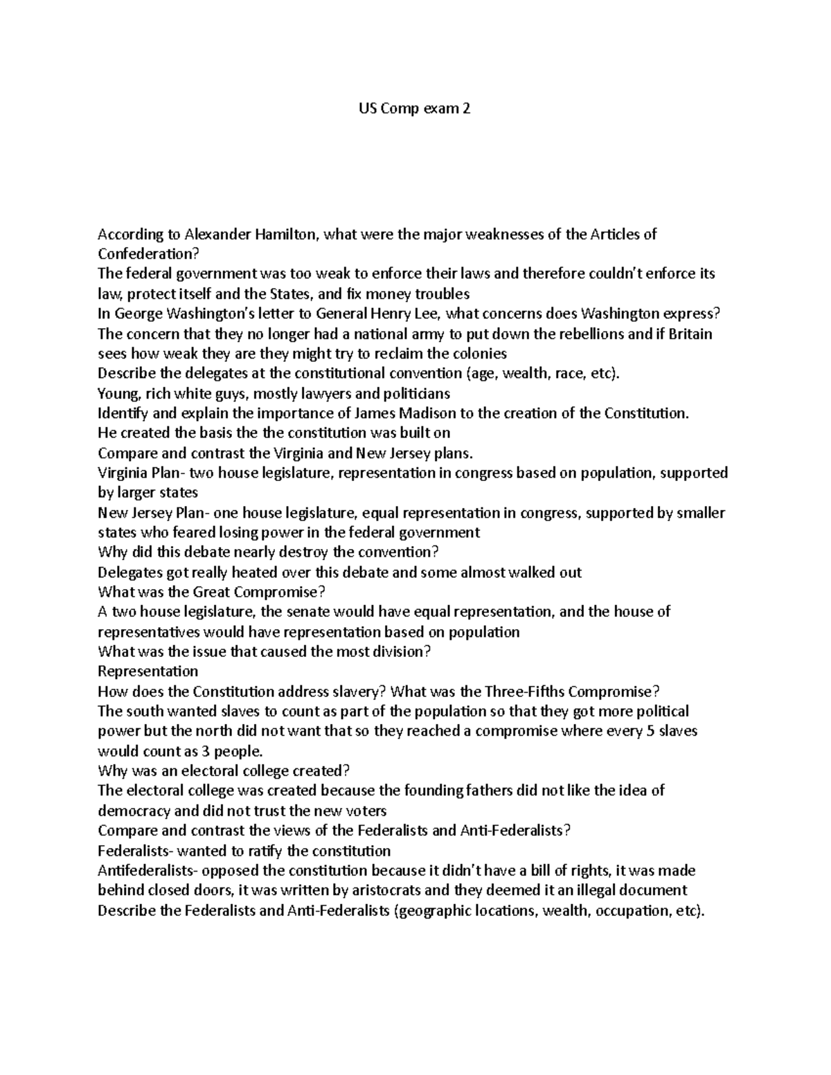 US Comp exam 2 Study guide and top hat questions for exam 2 US Comp