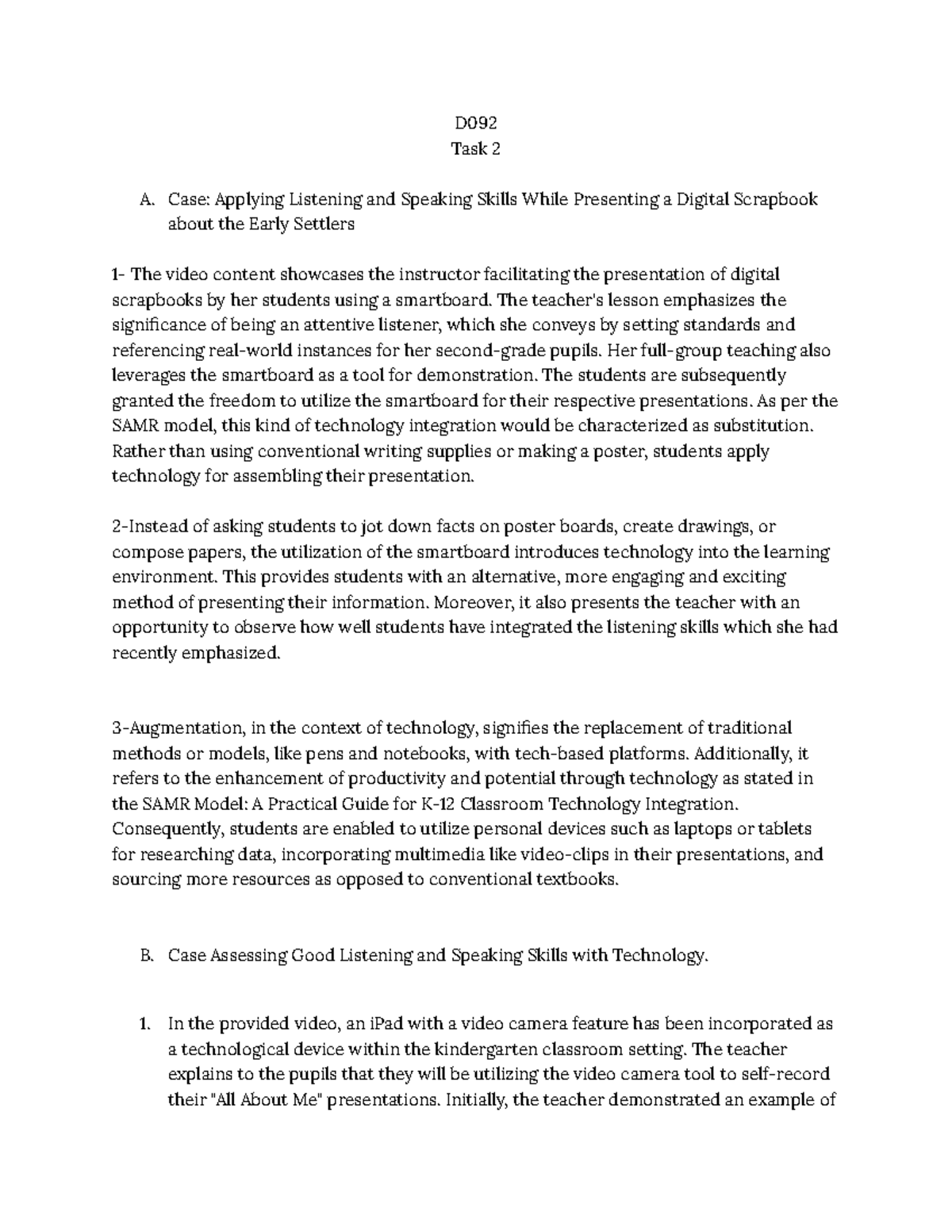 D092 Task 2 Task 2 D Task 2 A Case Applying Listening And Speaking Skills While Presenting