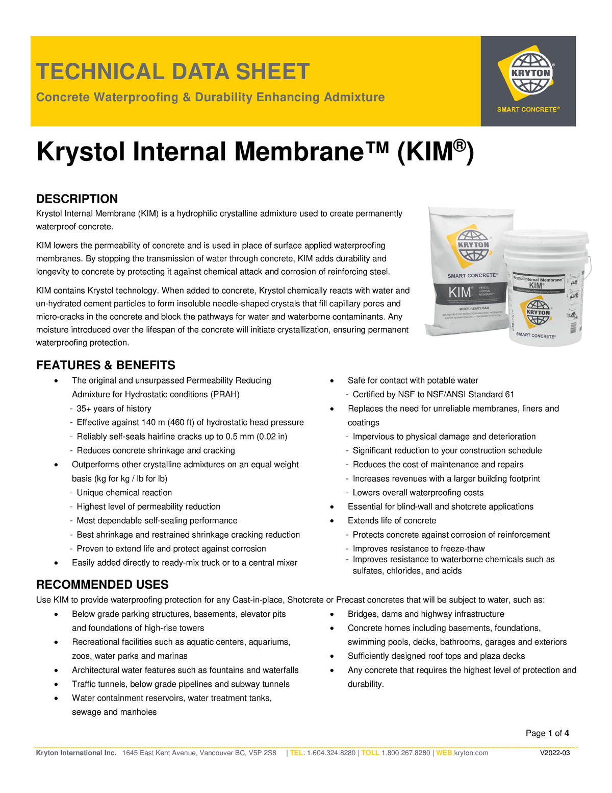 TDS Krystol Internal Membrane KIM - Page 1 Of 4 Concrete Waterproofing ...