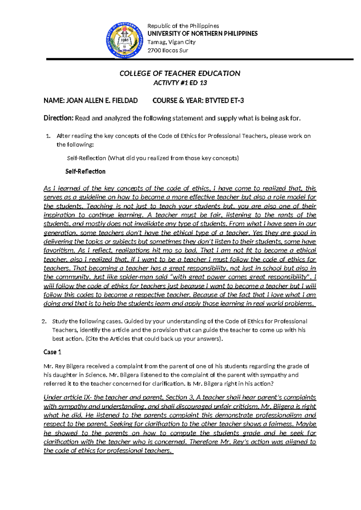ED 13 Acivity 1 - Republic of the Philippines UNIVERSITY OF NORTHERN ...