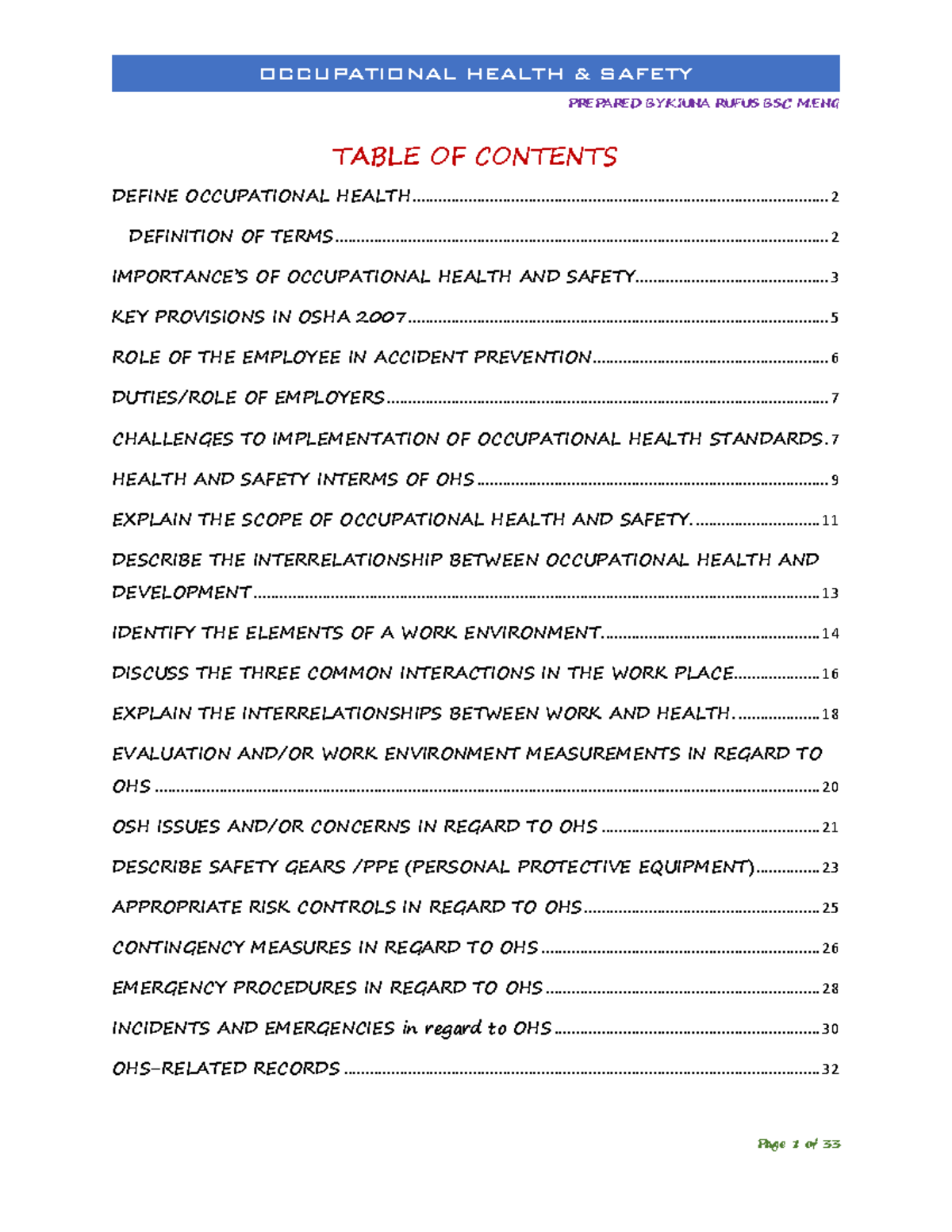 Occupational Health AND Safety Notes Lesson Notes PREPARED BY KIUNA